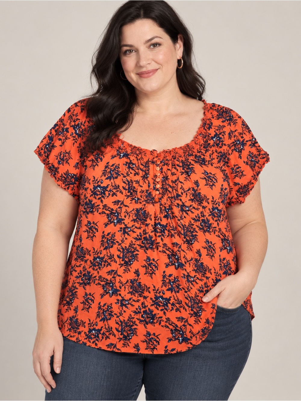 Faded Glory Women’s XL 16-18 Orange Navy Floral Rayon Peasant Blouse Top
